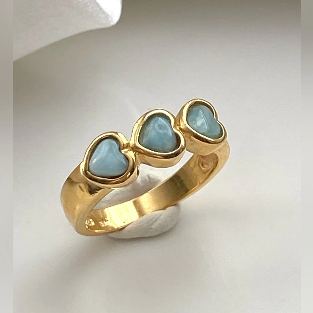 R45-High Quality Natural Caribbean Larimar 3 Hearts S925 Ring Size 8 - Picture 2 of 7